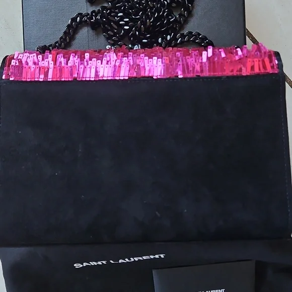 💖 YSL Saint Laurent Kate Pink Sequin Black Suede Crossbody Bag Matte Black HW - Picture 7 of 17